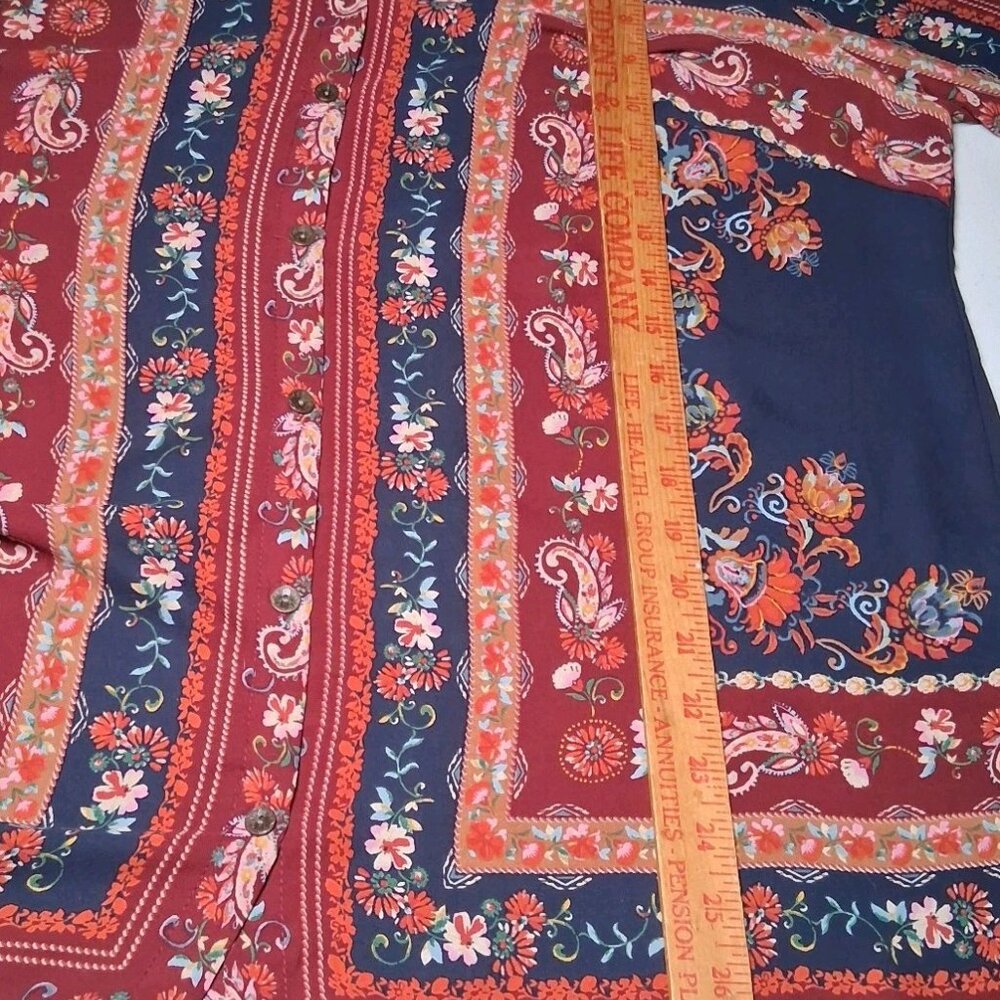 Dressbarn Blouse XL Maroon Blue Paisley Floral Tapestry Semi Sheer Long Sleeve - Picture 3 of 16